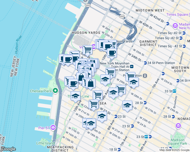 map of restaurants, bars, coffee shops, grocery stores, and more near 300 10th Avenue in New York