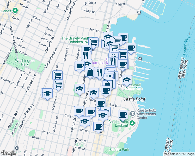 map of restaurants, bars, coffee shops, grocery stores, and more near 218 11th Street in Hoboken