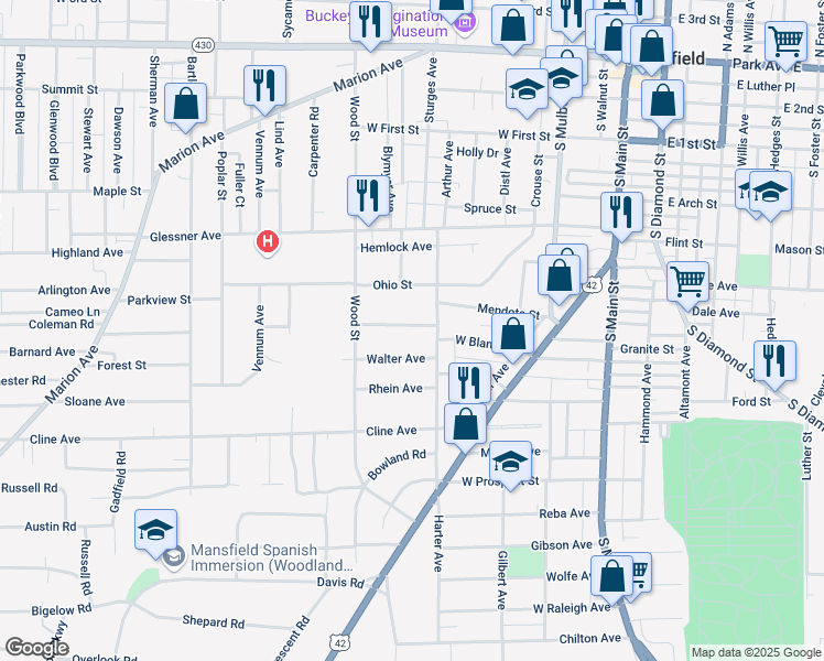 map of restaurants, bars, coffee shops, grocery stores, and more near 213 Richland Avenue in Mansfield