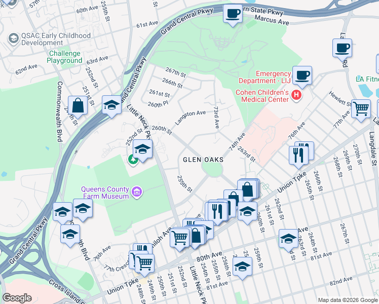 map of restaurants, bars, coffee shops, grocery stores, and more near 73-6 260th Street in Queens