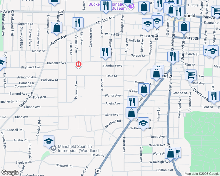 map of restaurants, bars, coffee shops, grocery stores, and more near in Mansfield