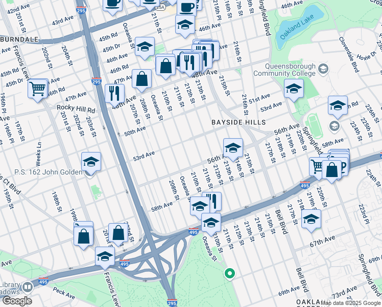 map of restaurants, bars, coffee shops, grocery stores, and more near 53-31 210th Street in Queens