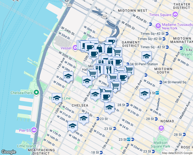 map of restaurants, bars, coffee shops, grocery stores, and more near 341 9th Avenue in New York