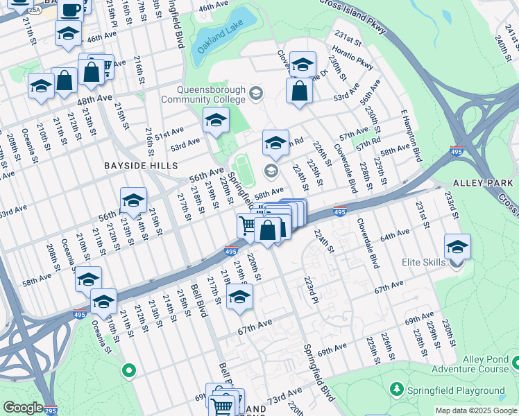 map of restaurants, bars, coffee shops, grocery stores, and more near 221-27 59th Avenue in Queens