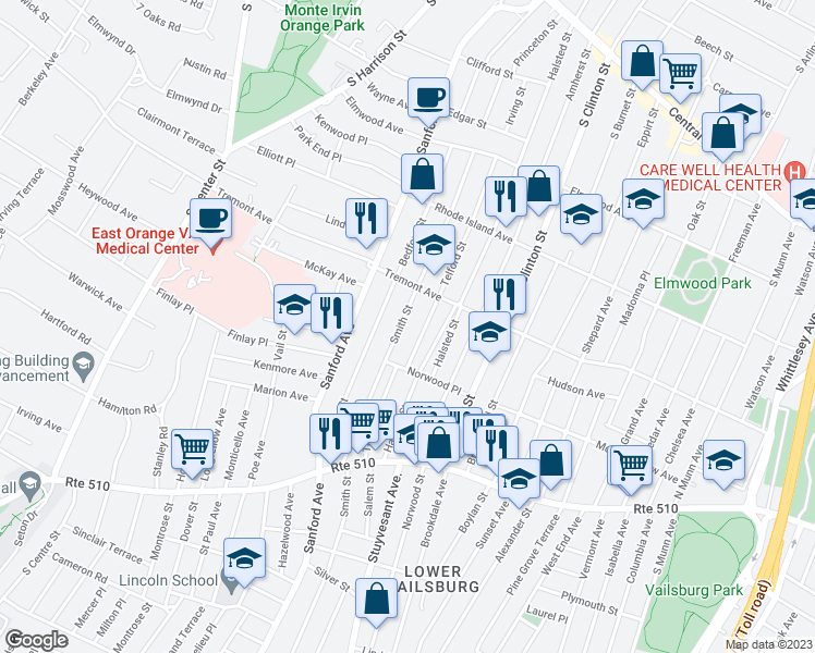 map of restaurants, bars, coffee shops, grocery stores, and more near 37 Smith Street in Newark