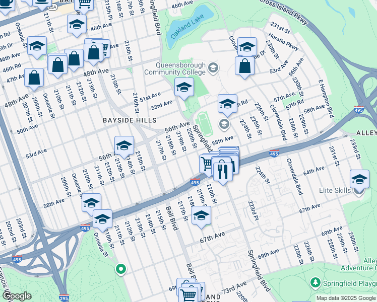 map of restaurants, bars, coffee shops, grocery stores, and more near 56-61 219th Street in Queens