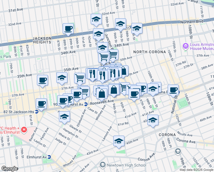 map of restaurants, bars, coffee shops, grocery stores, and more near 37-08 94th Street in Queens