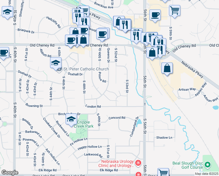map of restaurants, bars, coffee shops, grocery stores, and more near 6140 Queens Drive in Lincoln
