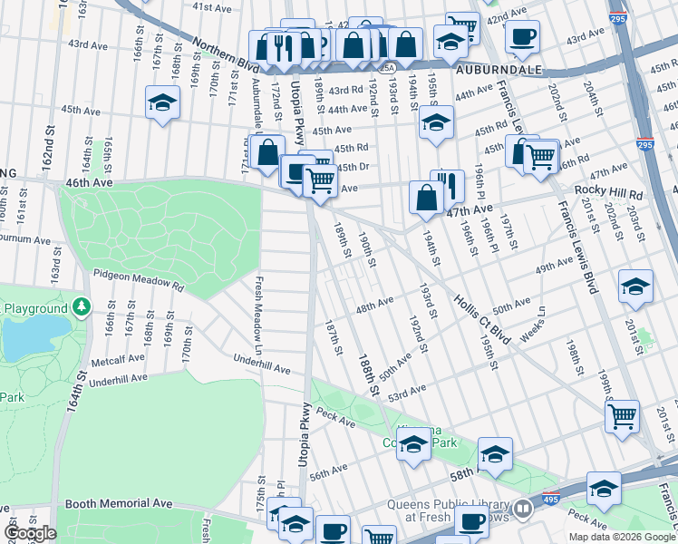 map of restaurants, bars, coffee shops, grocery stores, and more near 47-05 188th Street in Queens