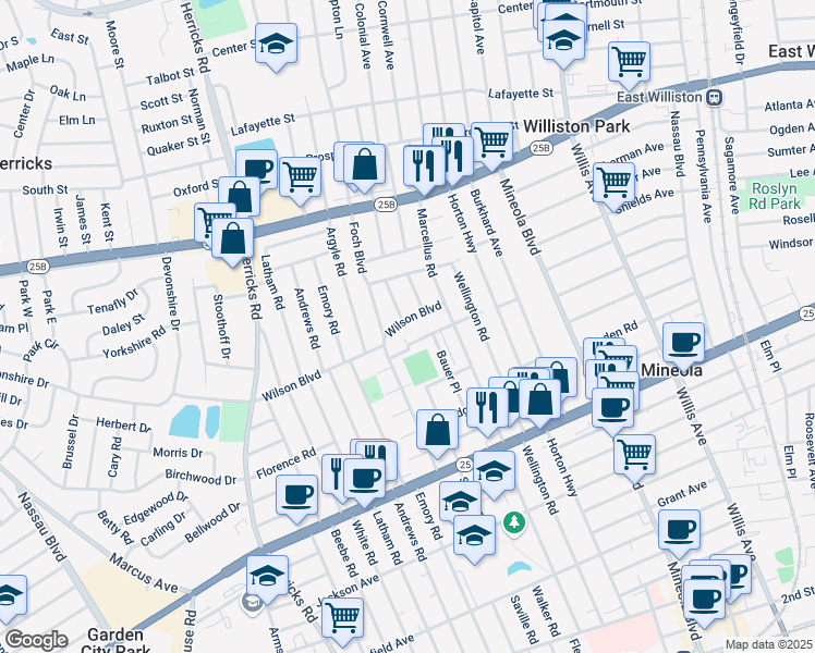 map of restaurants, bars, coffee shops, grocery stores, and more near 337 Wilson Boulevard in Mineola