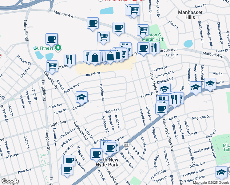 map of restaurants, bars, coffee shops, grocery stores, and more near 94 Lahey Street in New Hyde Park