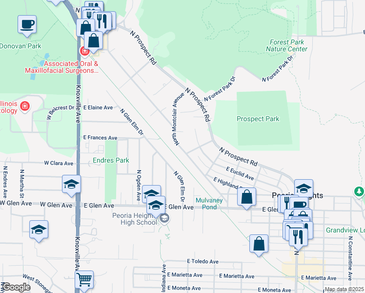 map of restaurants, bars, coffee shops, grocery stores, and more near 5210 North Montclair Avenue in Peoria Heights