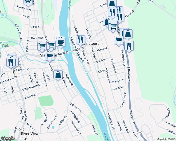 map of restaurants, bars, coffee shops, grocery stores, and more near 423 South Canal Street in Walnutport