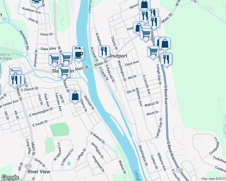 map of restaurants, bars, coffee shops, grocery stores, and more near 423 South Canal Street in Walnutport