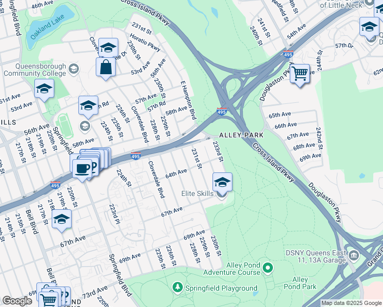 map of restaurants, bars, coffee shops, grocery stores, and more near 61-26 231st Street in Queens