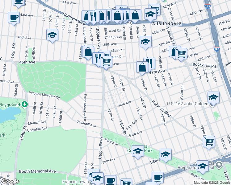 map of restaurants, bars, coffee shops, grocery stores, and more near 47-05 188th Street in Queens