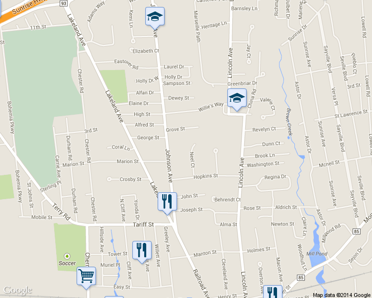 map of restaurants, bars, coffee shops, grocery stores, and more near 18 Neel Court in Sayville