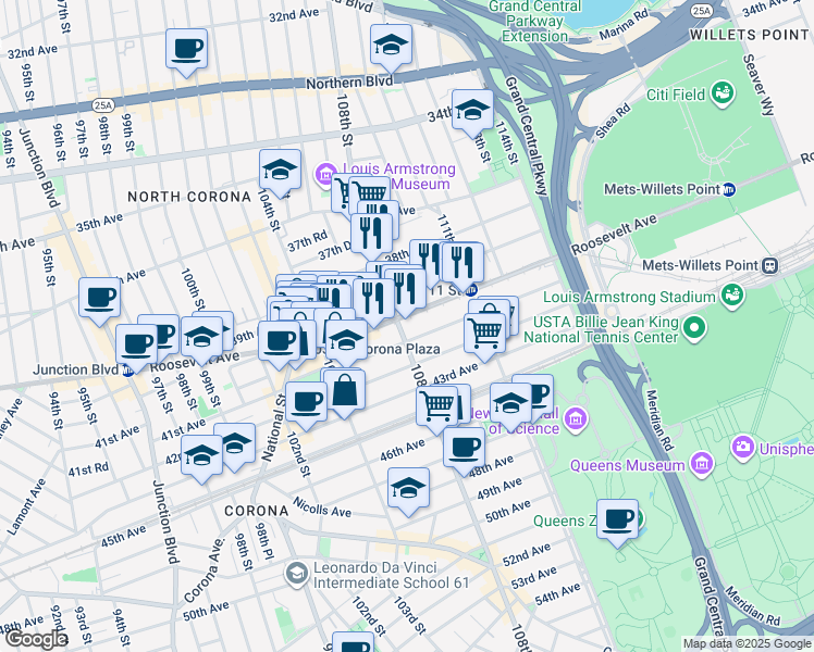 map of restaurants, bars, coffee shops, grocery stores, and more near 40-05 108th Street in Queens