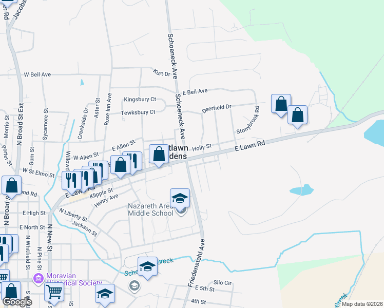 map of restaurants, bars, coffee shops, grocery stores, and more near 411 East Lawn Road in Nazareth