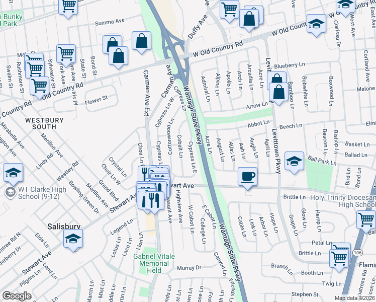 map of restaurants, bars, coffee shops, grocery stores, and more near 80 Cypress Lane in Westbury