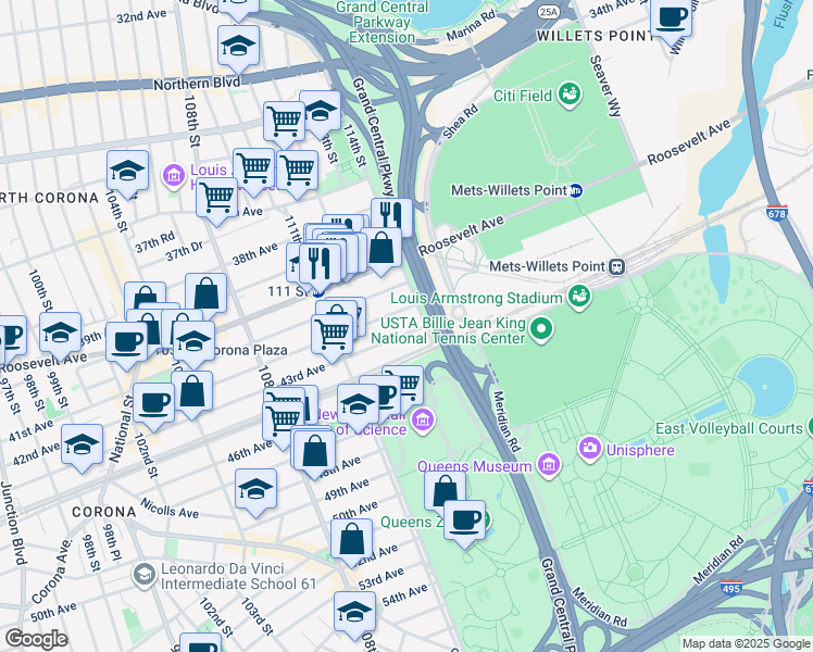 map of restaurants, bars, coffee shops, grocery stores, and more near 111-69 43rd Avenue in Queens