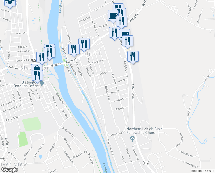 map of restaurants, bars, coffee shops, grocery stores, and more near 200 5th Street in Walnutport
