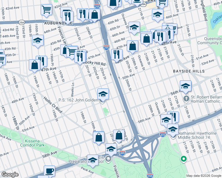 map of restaurants, bars, coffee shops, grocery stores, and more near 50-17 203rd Street in Queens
