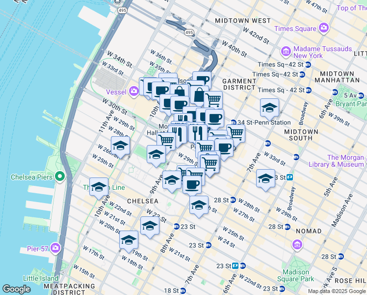 map of restaurants, bars, coffee shops, grocery stores, and more near 366 West 30th Street in New York