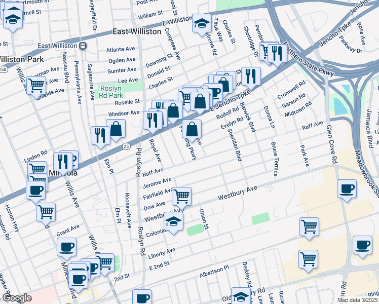map of restaurants, bars, coffee shops, grocery stores, and more near 207 Pershing Parkway in Mineola