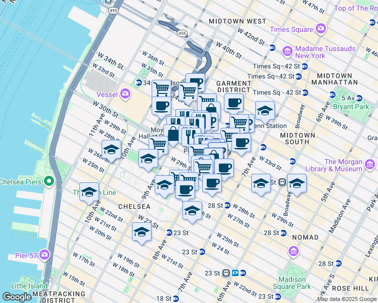 map of restaurants, bars, coffee shops, grocery stores, and more near 337 West 30th Street in New York