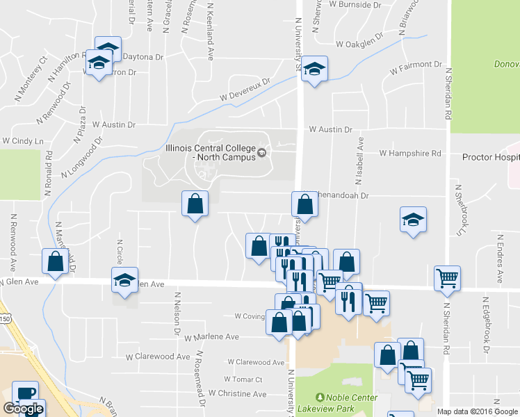 map of restaurants, bars, coffee shops, grocery stores, and more near 1413 West Sunnyview Drive in Peoria