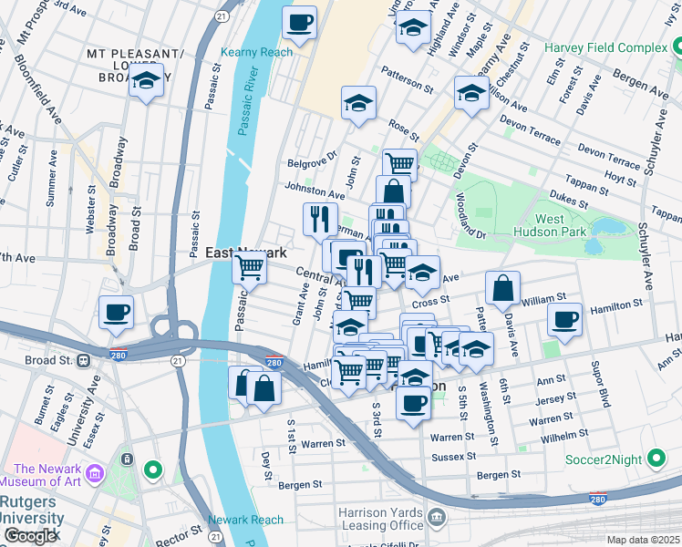 map of restaurants, bars, coffee shops, grocery stores, and more near 406 North 2nd Street in East Newark