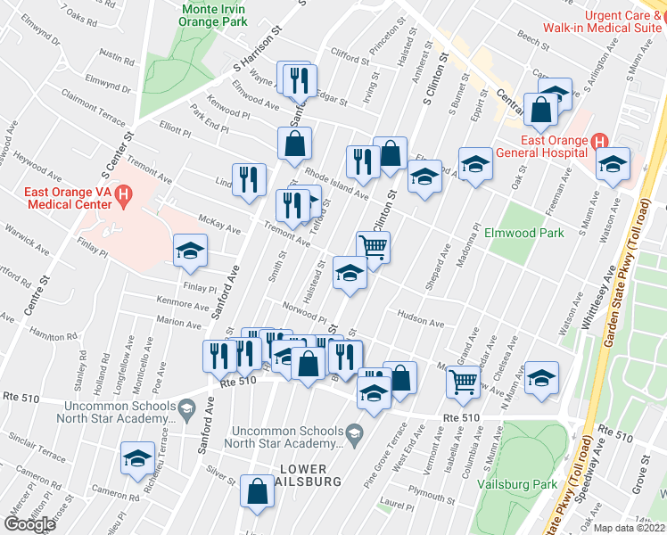map of restaurants, bars, coffee shops, grocery stores, and more near 443-45 Norwood Place in East Orange