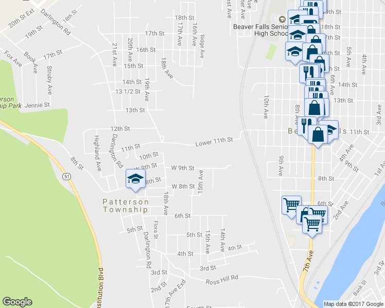map of restaurants, bars, coffee shops, grocery stores, and more near 1405 W 11th St in Beaver Falls
