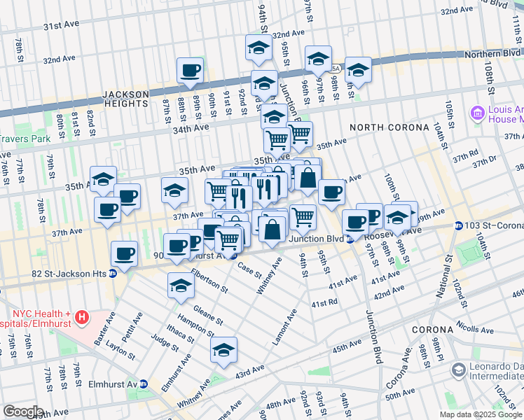 map of restaurants, bars, coffee shops, grocery stores, and more near 37-3 92nd Street in Queens