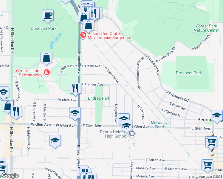 map of restaurants, bars, coffee shops, grocery stores, and more near 5215 North Roberts Road in Peoria Heights