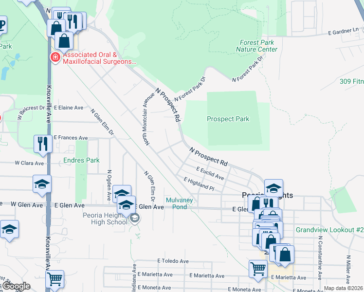 map of restaurants, bars, coffee shops, grocery stores, and more near 5217 North Prospect Road in Peoria