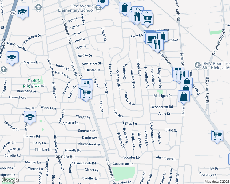 map of restaurants, bars, coffee shops, grocery stores, and more near 189 Lee Avenue in Hicksville