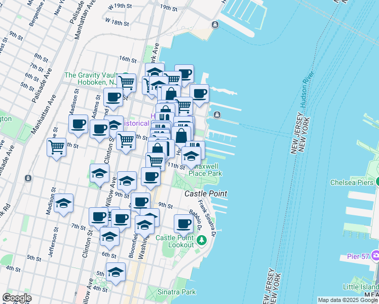 map of restaurants, bars, coffee shops, grocery stores, and more near 1125 Maxwell Lane in Hoboken