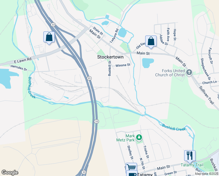 map of restaurants, bars, coffee shops, grocery stores, and more near 300 Bushkill Street in Stockertown