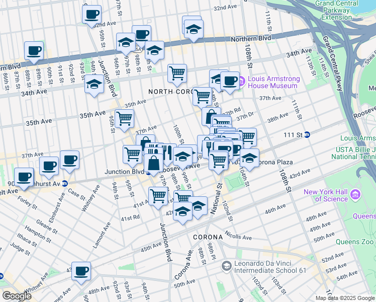 map of restaurants, bars, coffee shops, grocery stores, and more near 38-7 100th Street in Queens