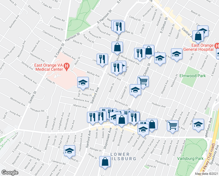 map of restaurants, bars, coffee shops, grocery stores, and more near 37 Smith Street in Newark