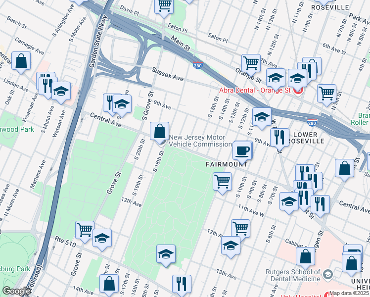 map of restaurants, bars, coffee shops, grocery stores, and more near 597 Central Avenue in East Orange
