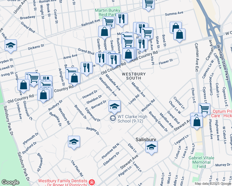 map of restaurants, bars, coffee shops, grocery stores, and more near 1046 Washington Avenue in Westbury