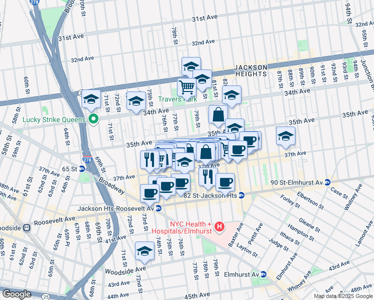 map of restaurants, bars, coffee shops, grocery stores, and more near 35-24 78th Street in Queens