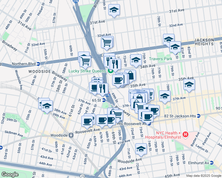map of restaurants, bars, coffee shops, grocery stores, and more near 69th St & 35th Ave in Queens