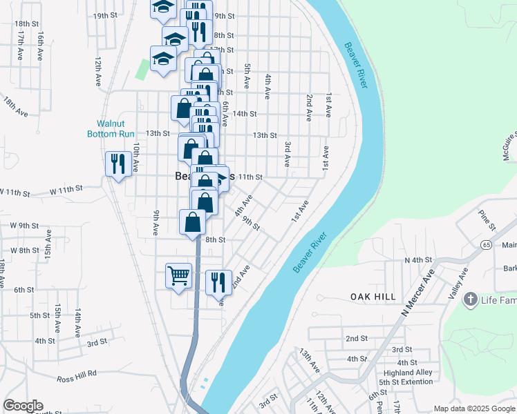 map of restaurants, bars, coffee shops, grocery stores, and more near 307 Pine Street in Beaver Falls