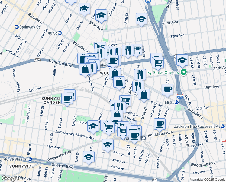 map of restaurants, bars, coffee shops, grocery stores, and more near 55-14 37th Avenue in Queens