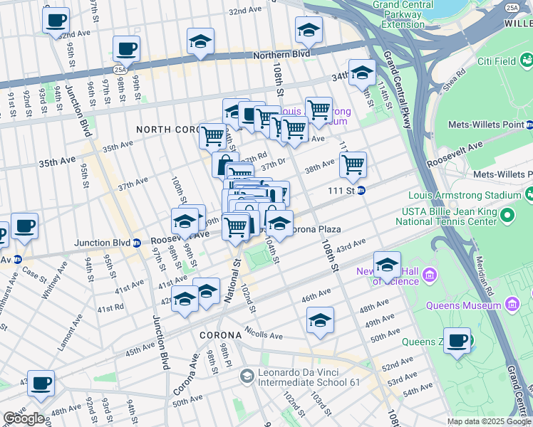 map of restaurants, bars, coffee shops, grocery stores, and more near 104-12 39th Avenue in Queens