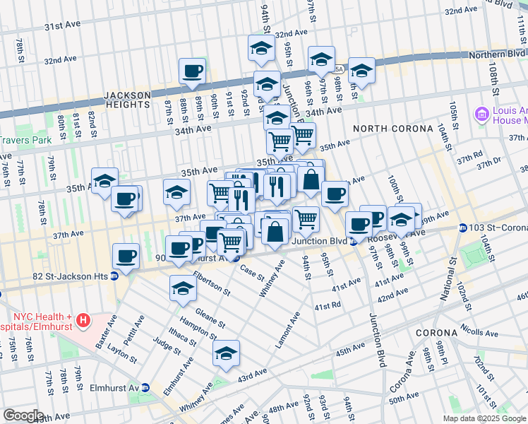 map of restaurants, bars, coffee shops, grocery stores, and more near 37-03 92nd Street in Queens